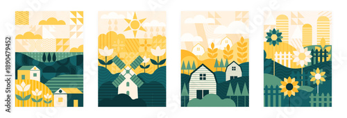 Geometric countryside posters. Abstract nature landscape with sunflowers. Stylized farm scenery. Cubist rural design. Modern decoration for interiors contemporary banner. Vector farmer garish art