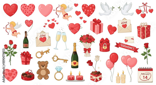 A charming collection of romantic Valentine's Day symbols and festive elements, perfect for celebrating love, friendship, and special occasions
