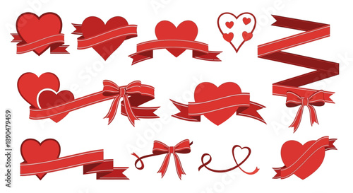Elegant collection of festive red heart-shaped banners and flowing ribbons, perfect for crafting beautiful Valentine's Day, love, and celebration concepts with a charming decorative touch