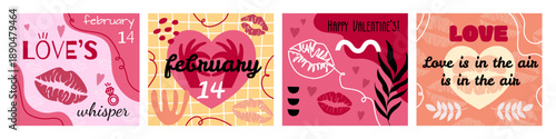 Lip impression card. Valentines Day banner. Kiss stamp on poster. Mouth mark design. Template oral shape. Flyer lip lock contour. February 14 lettering. Vector tidy brochure modern typography set