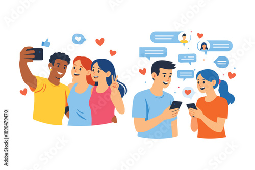 Friends taking selfies and texting, social media concept