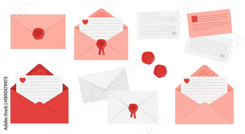 Heartfelt correspondence vector set romantic pink and red envelopes, love letters, and classic wax seals, ideal for Valentine's Day and expressions of affection