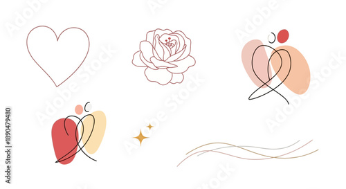 Modern Minimalist Line Art Vector Collection with Abstract Hearts, Elegant Roses, and Connected Figures, Ideal for Romantic Design Projects