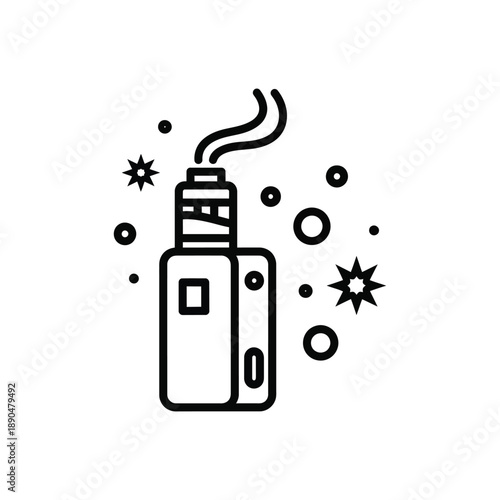 Black and white line art vape pen icon with smoke, stars, and circles for vaping promotion