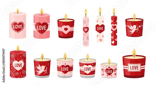 Collection of red and pink Valentine's Day themed candles with hearts and cupid illustrations