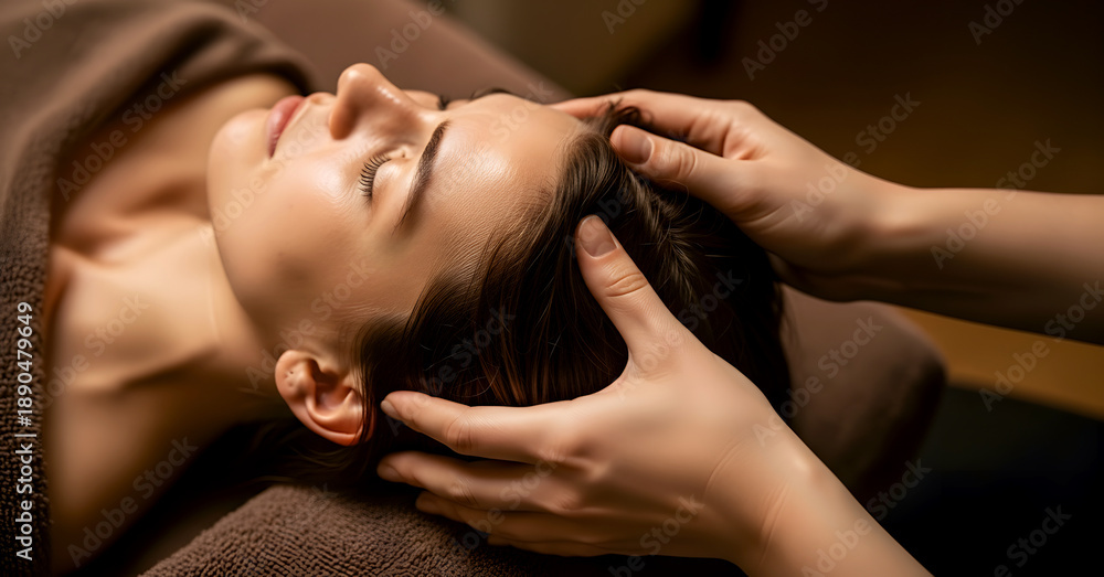Obraz premium Close-up of a serene woman receiving a gentle head massage, promoting relaxation and well-being.