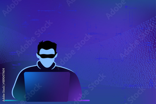Skilled hacker at work amidst digital coding. Programmer using laptop, binary code background. Cyberspace, digital, security and threats. Vector illustration. 