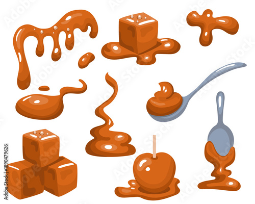 Salt caramel. Condensed milk. Liquid toffee sauce. Cream dessert. Chocolate candy apple for breakfast. Sugar pastry. Bakery ingredient on spoon. Food drop. Vector tidy cartoon flat style isolated set