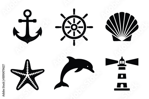 Nautical Icons Anchor, Ship Wheel, Seashell, Starfish, Dolphin