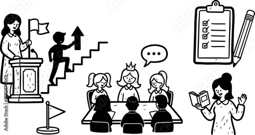 Black and white line art vector showing woman holding flag at podium man climbing stairs and group meeting with leader crown and checklist pencil icons