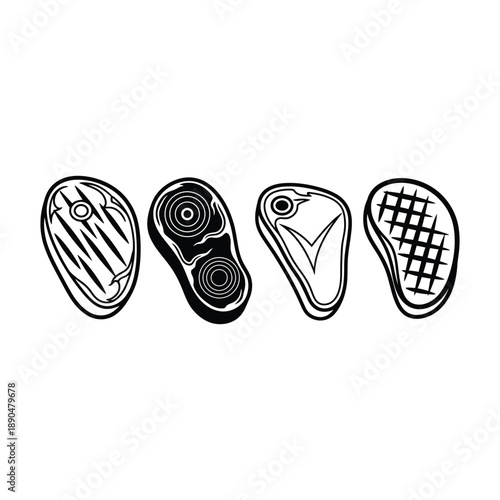 Stylized Black & White Steak Icons: 4 Unique Cuts for Menus, Food Blogs, Culinary Designs