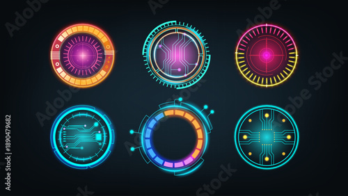 Tech HUD dashboard. Interface colorful display. Futuristic cyber round panel. Glowing data circle elements. Circuit AI network. Cyber frames collection. Digital control screen. Vector UI graphic set