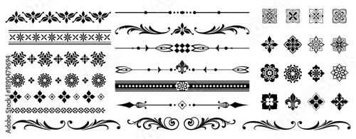 Decor ornament. Line swirls. Filigree for frame. Border element. Decorative calligraphic flourish geometric motifs. Typographic book text divider isolated elements. Separators vector victorian design