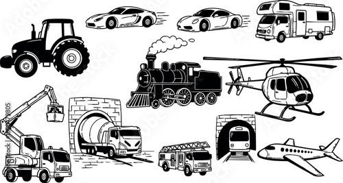 Black and white vector art collection of various transport vehicles including helicopter, tractor, sports car, steam train and fire truck icons in simple line style