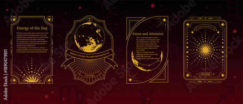 Celestial frame. Moon and stars decoration on tarot card. Astrology border for logo or horoscope design. Glitter vintage shape. Esoteric occult forecast. Zodiac elements. Vector mystical illustration