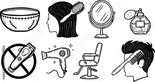 Hand drawn black and white barber tools set hairbrush mirror perfume bottle no clippers hair dryer barber chair male haircut comb profile view