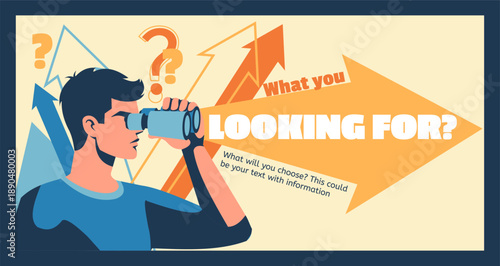 Career decision. Choice arrow direction. Man with binoculars choosing job. Employment way. Doubt student looking for work opportunity. Problem solution pointer. Business pathway option. Vector concept