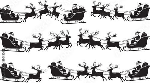 Black and white silhouettes of Santa Claus in a reindeer-drawn sleigh with gift bags isolated on white background for Christmas holiday and seasonal decorations.