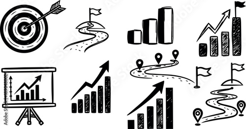 Hand drawn black and white growth chart graphics with arrows target flags and roadmap strategy icons illustration