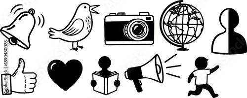 Hand drawn black outline icons set including ringing bell, singing bird, camera, globe, person silhouette, thumbs up, heart, reader, megaphone, running child