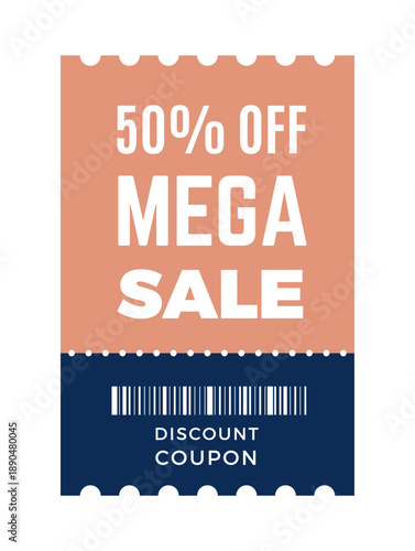 Coupon ticket. Sale voucher with barcode. Discount label. Gift shop promo tag. Bonus certificate. Special offer percent promotion. Loyalty customer. Purchase benefit. Vector shopping sticker template