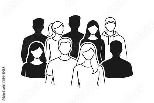 Diverse crowd of people, black and white illustration