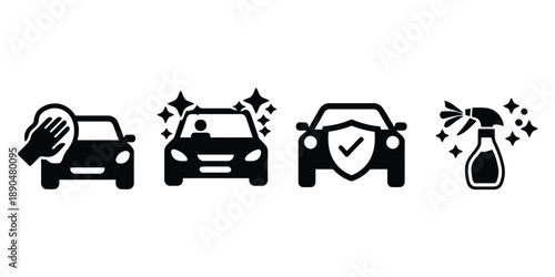 Black Car Wash & Care Icons: Sponge, Clean Car, Shield, Spray Bottle - Auto Detailing Services
