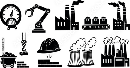Silhouette vector art of factory buildings with smoking chimneys and industrial elements including robotic arm and coal mining cart