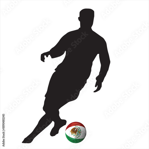 Black Soccer Player Silhouette with Mexico Flag Ball Design.