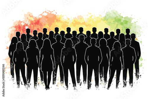 Diverse crowd silhouette with colorful watercolor splash