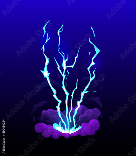 Lightning effect. Thunderbolt strikes ground. Thunderstorm glow. Electricity impact. Game magic attack in dark. Blue electric power energy. Danger light burst. Cartoon thunderbolt dazzle vector flash