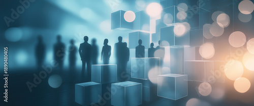 Corporate organizational hierarchy structure visualized through transparent geometric blocks and professional silhouettes.