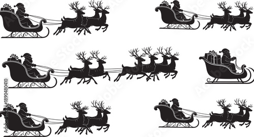 Black and white silhouettes of Santa Claus in a reindeer-drawn sleigh with gift bags isolated on white background for Christmas holiday and seasonal decorations.