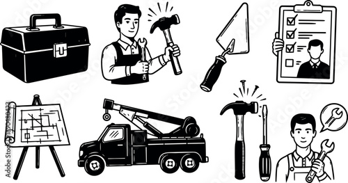 Black and white vector set of construction worker holding hammer and wrench with truck toolbox blueprint tools checklist