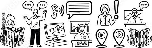 Black and white line art communication icons including woman reading newspaper man speaking with speech bubbles news anchor and location markers