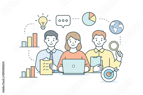 Business team analyzing data with charts, globe, and magnifying glass