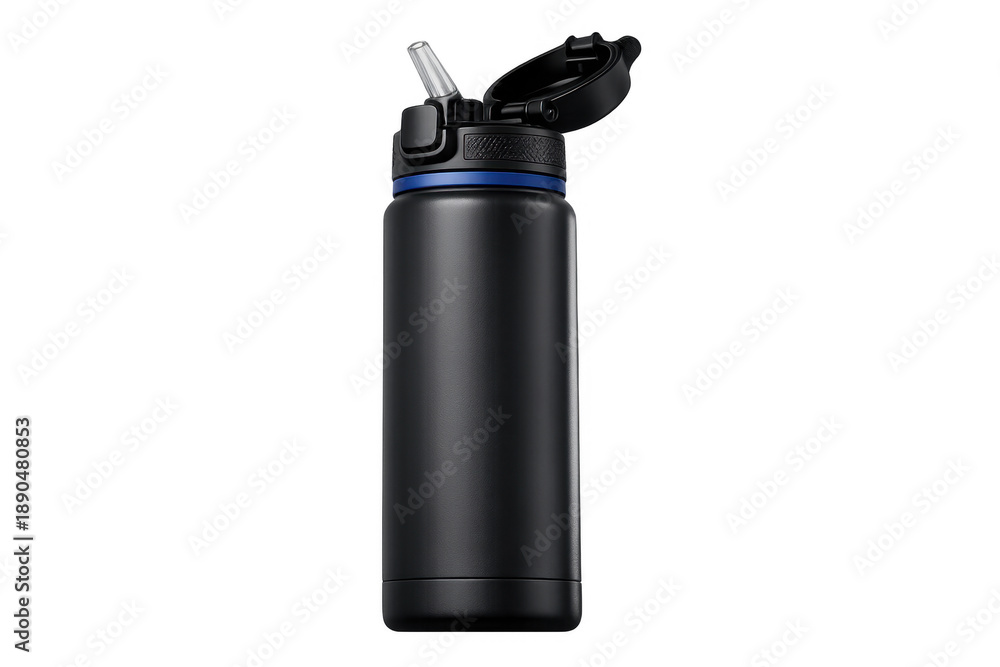 Fototapeta premium Black stainless steel insulated water bottle with straw