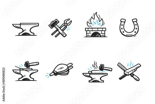 Collection of blacksmithing icons featuring tools and processes for metalworking