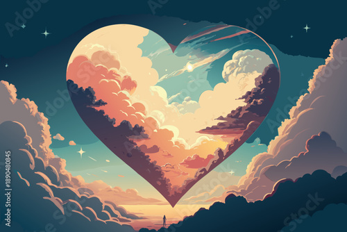 Depicting Surreal Heart Made Clouds And Glowing Vibrant Creative Visual