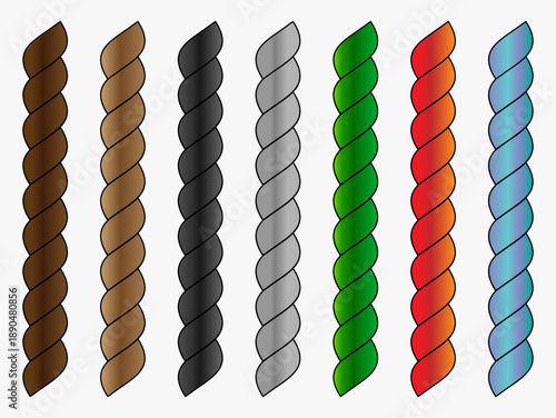 A set of multicolored twisted ropes in various shades. The cords are isolated on a white background. This vector illustration is from the Nautical Ropes collection.
