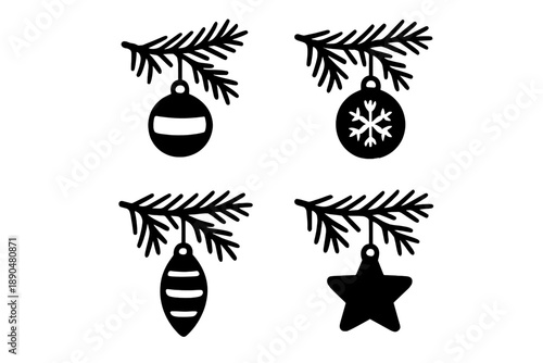 Set of four black silhouette Christmas ornaments hanging from fir tree branches