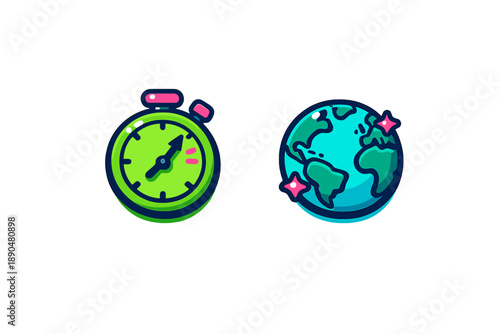 Stopwatch timer and Earth globe icons symbolizing global time management and international speed