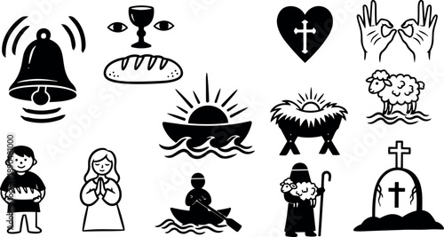 Minimalist black and white vector icons set with religious symbols, nativity scene elements, praying figure, and christian motifs