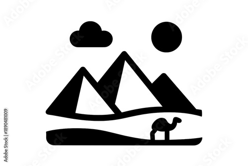 Iconic desert landscape with pyramids and camel silhouette under sun and cloud
