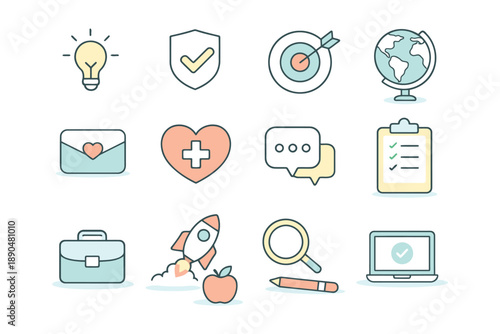 Collection of diverse flat icons for business, health, and technology