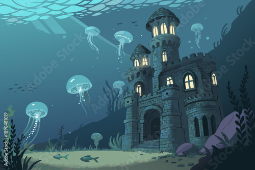 Beautiful Underwater Castle Surrounded Glowing Jel Creative Visual