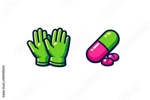 Bright green protective gloves and colorful medical capsule pills for health safety