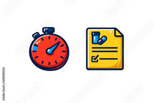 Stopwatch timer and medical prescription document icons for health appointment scheduling and dosage tracking