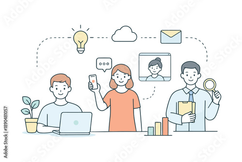 Team collaborates on digital marketing strategy with laptop and smartphone