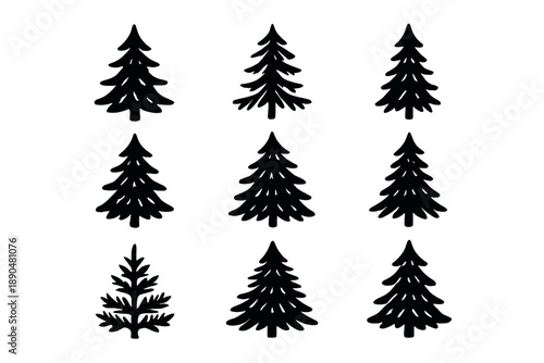 Assortment of simple black evergreen tree icons and symbols for design